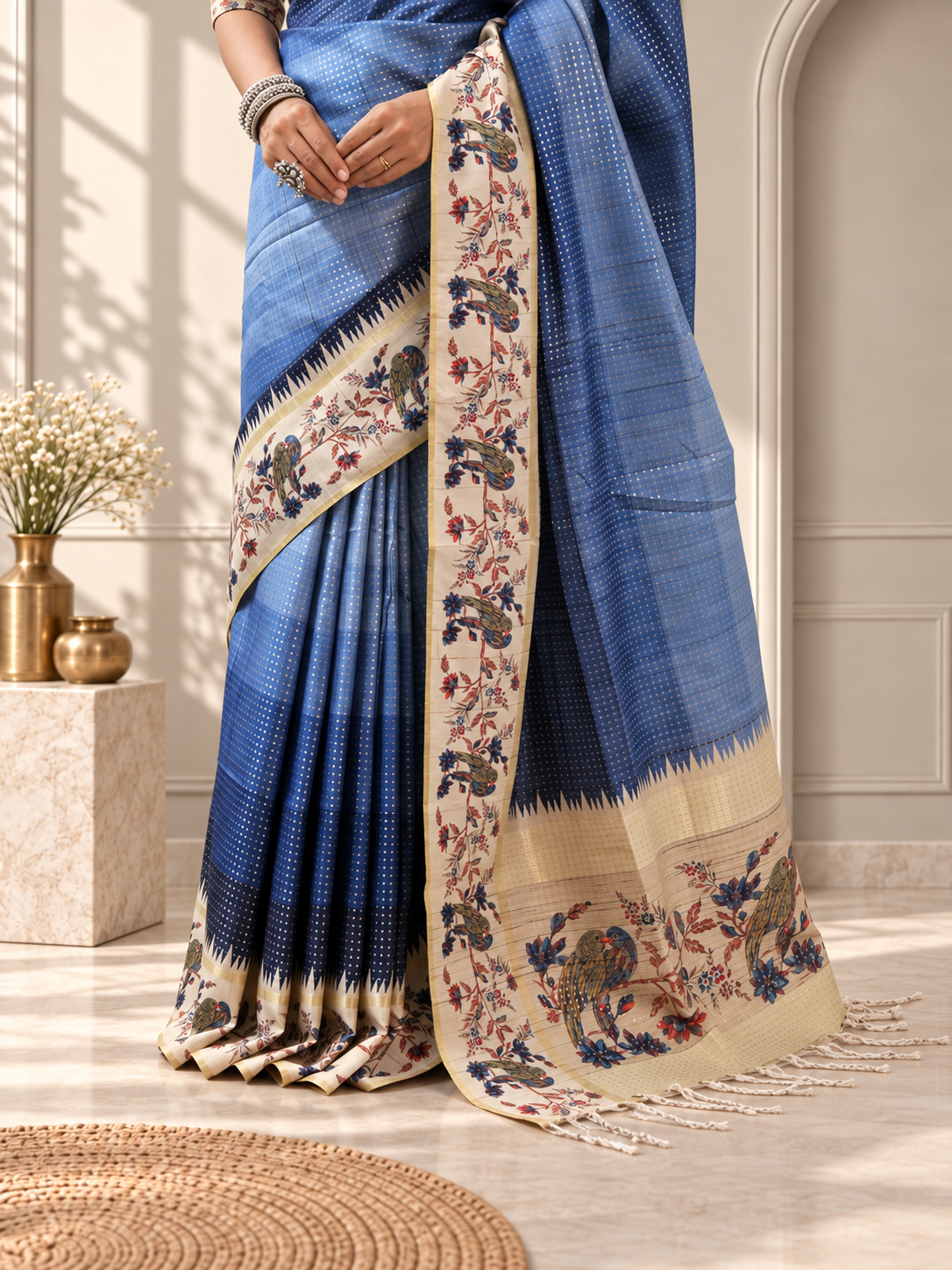 navy blue tussar silk katha print saree with parrot pallu