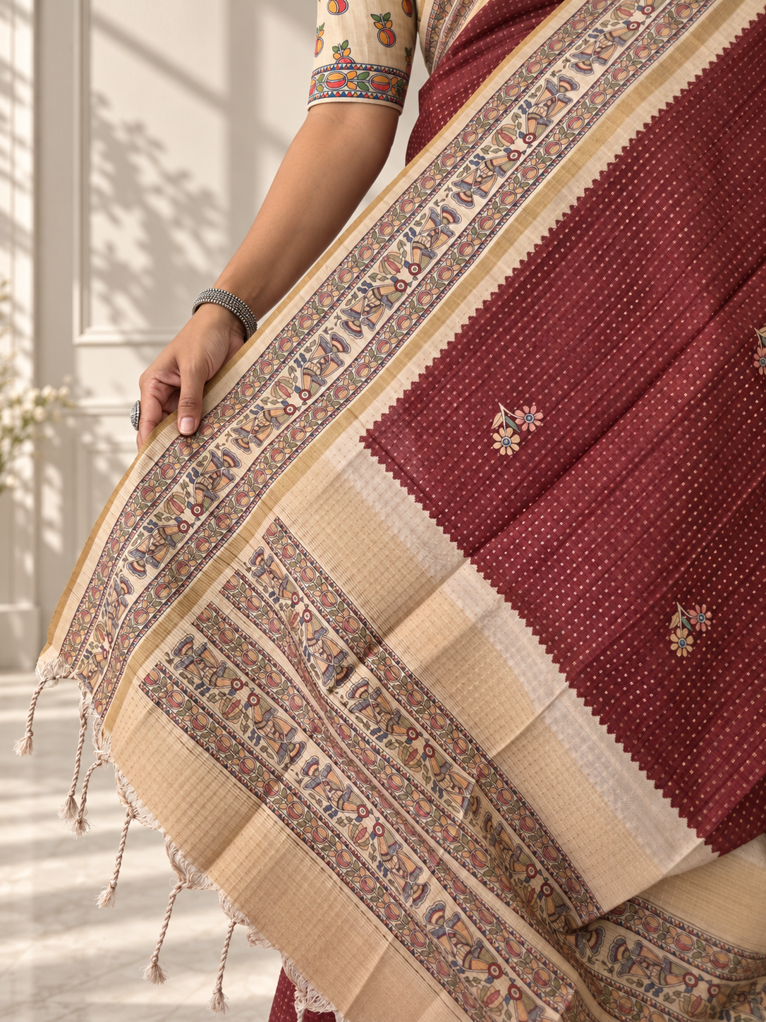 Madhubani Folk Art Muted Terracotta Tussar Silk Saree