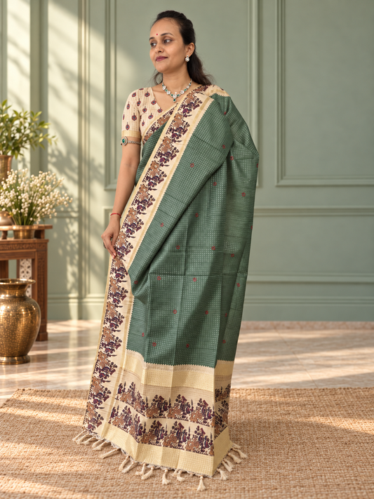 Heritage Folk Art Tussar Silk Saree – Sage Green