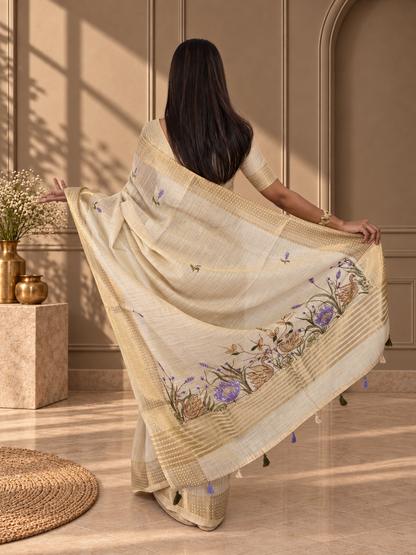 Ivory Linen Saree with Hand Embroidered Purple Florals