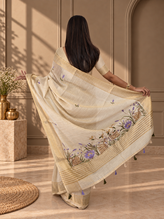 Ivory Linen Saree with Hand Embroidered Purple Florals
