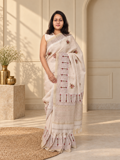 Linen Silk Handloom Saree with Multicolour Katha Stitch Hand Embroidery