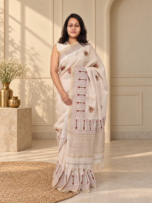 Linen Silk Handloom Saree with Multicolour Katha Stitch Hand Embroidery