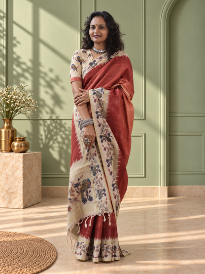 Terracotta Tussar Silk Katha Print Saree with Parrot Pallu