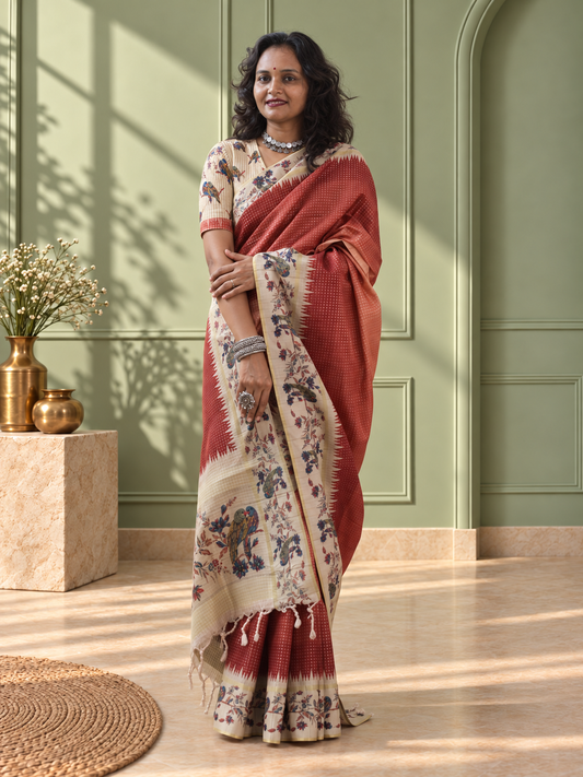 Terracotta Tussar Silk Katha Print Saree with Parrot Pallu