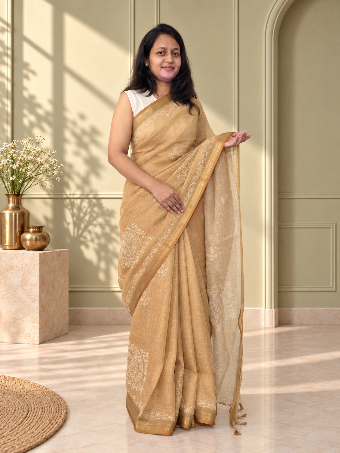 Golden Tissue Linen Saree with Handcrafted Aari Patchwork & Zari Detailing
