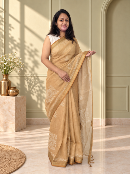 Golden Tissue Linen Saree with Handcrafted Aari Patchwork & Zari Detailing