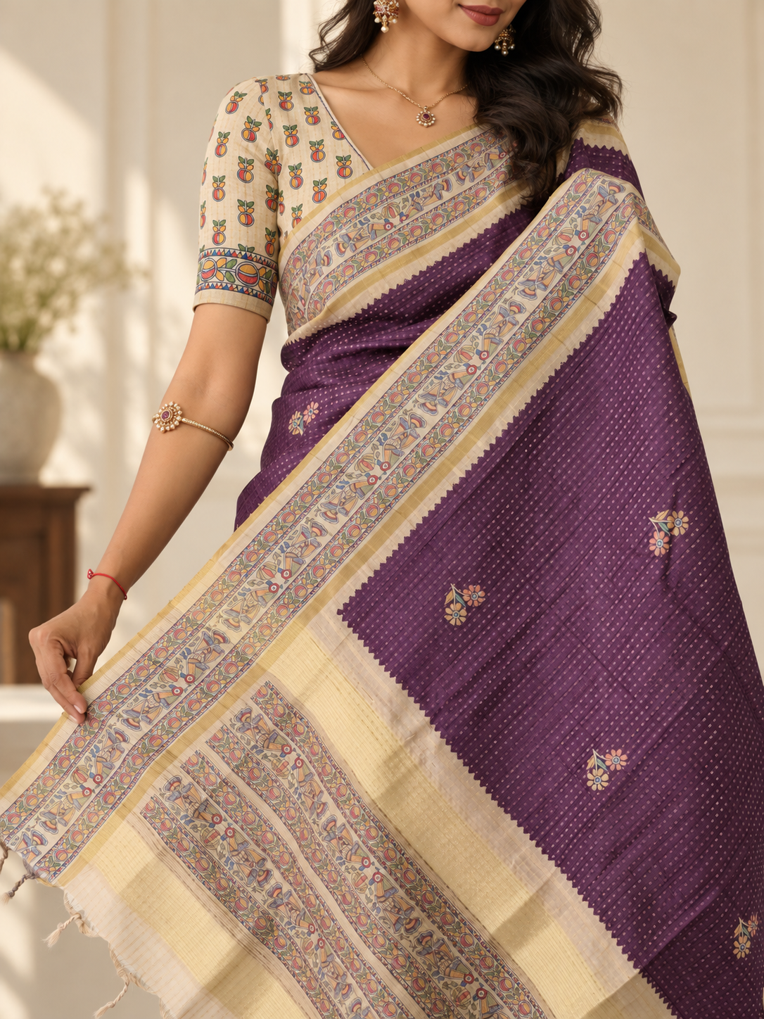 Madhubani Folk Art Mauve Purple Tussar Silk Saree