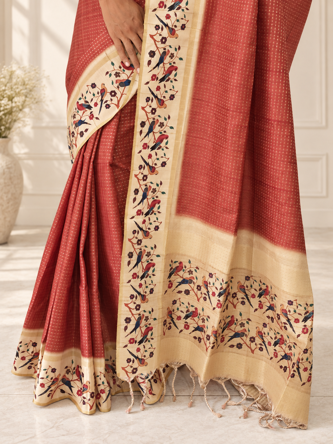 bird & floral print muted terracotta tussar silk saree