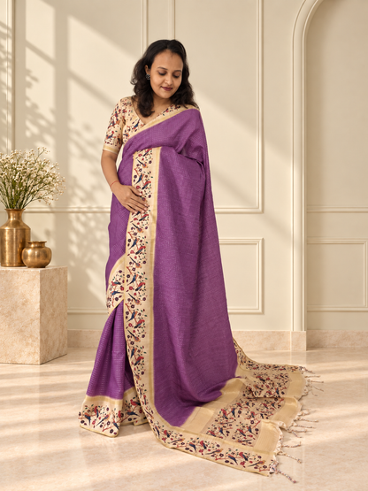 Bird & Floral Print Muted Plum Purple Tussar Silk Saree