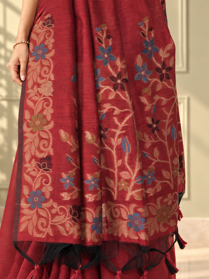 Red Cotton Handwoven Jamdani Saree with Multicolour Floral Design