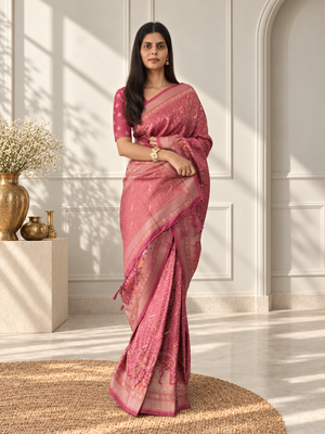 Rose Pink Pure Mashru Silk Handwoven Banarasi Saree with Rich Zari Border