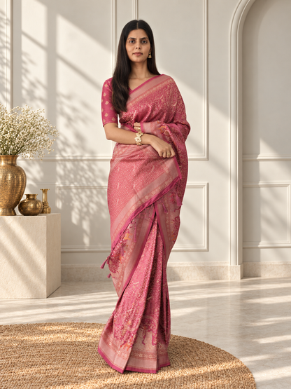 Rose Pink Pure Mashru Silk Handwoven Banarasi Saree with Rich Zari Border