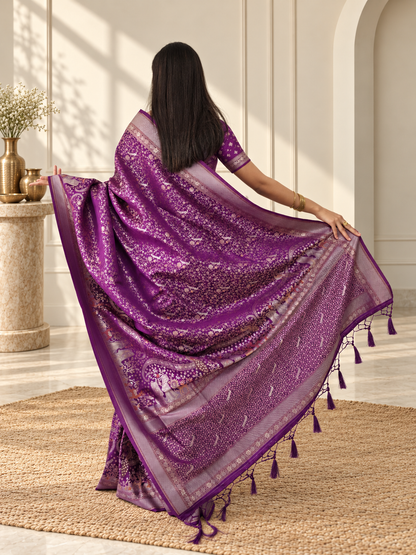 Royal Purple Pure Mashru Silk Handwoven Banarasi Saree with Rich Zari Border
