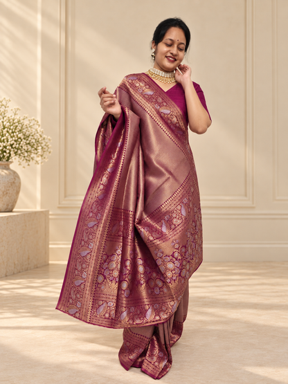 Deep Berry Magenta Uppada Pure Silk Saree with Floral Nakshatra Border