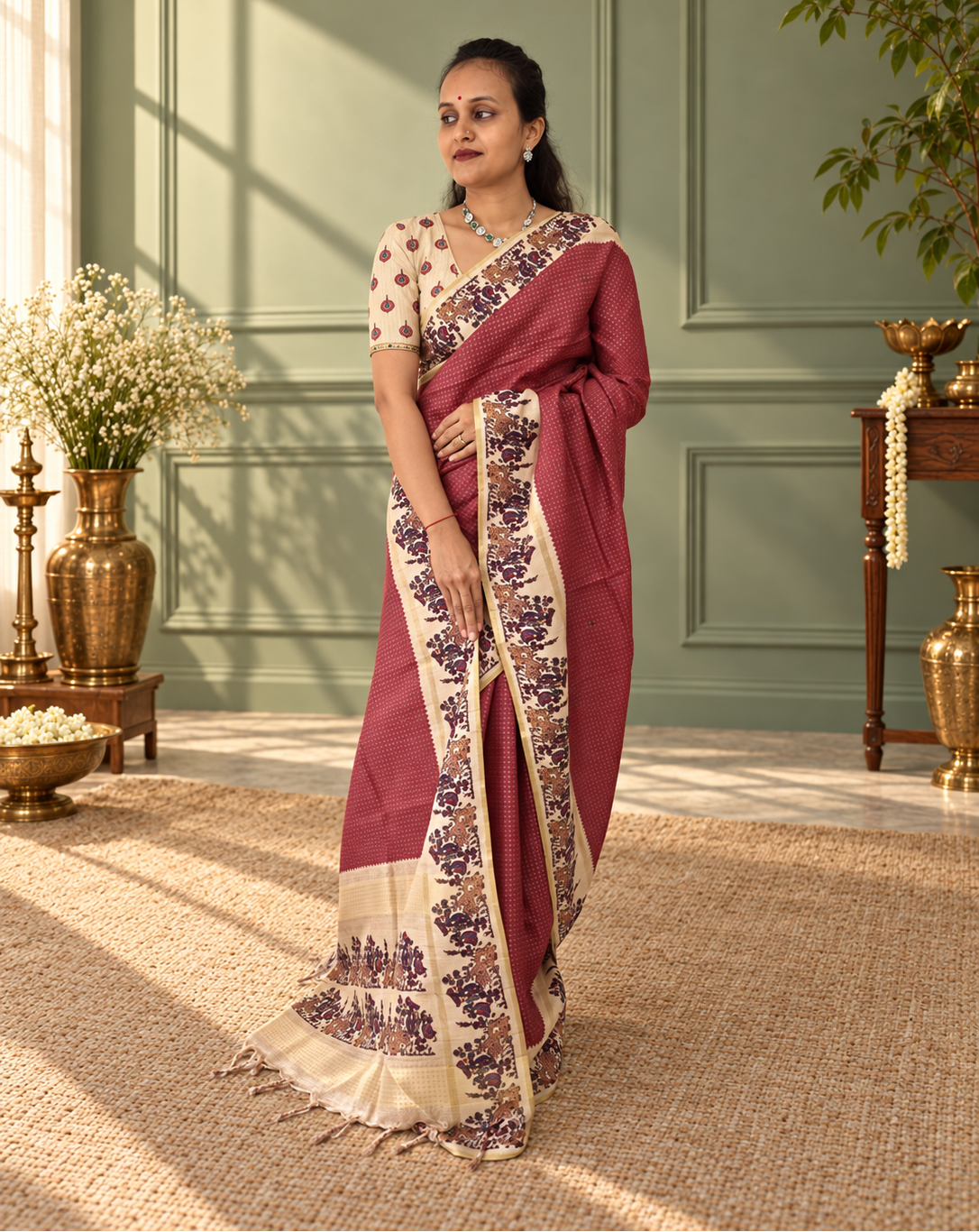heritage folk art tussar silk saree – brick red
