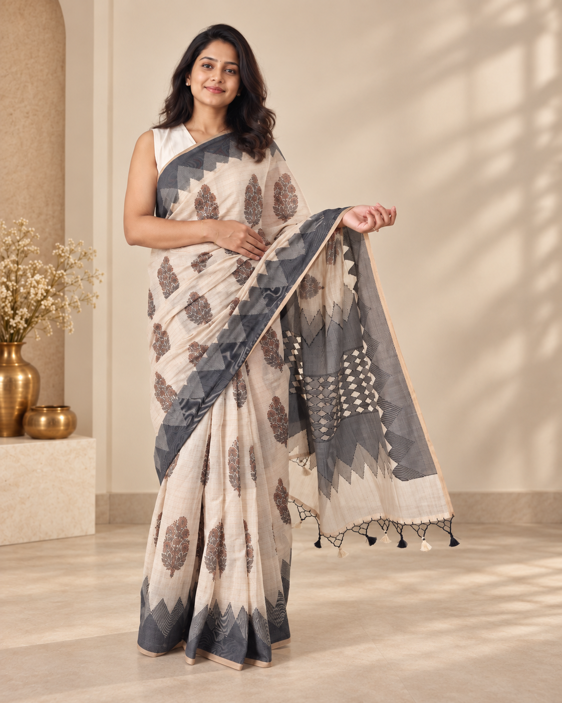 Ivory Pure Chanderi Cotton Handloom Saree with Dhakai Block Print
