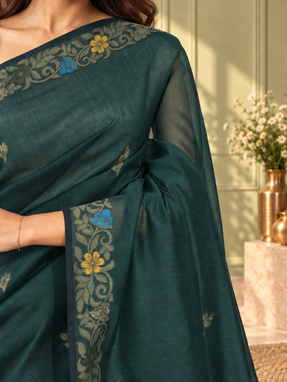 Green Cotton Handwoven Jamdani Saree with Multicolour Floral Design