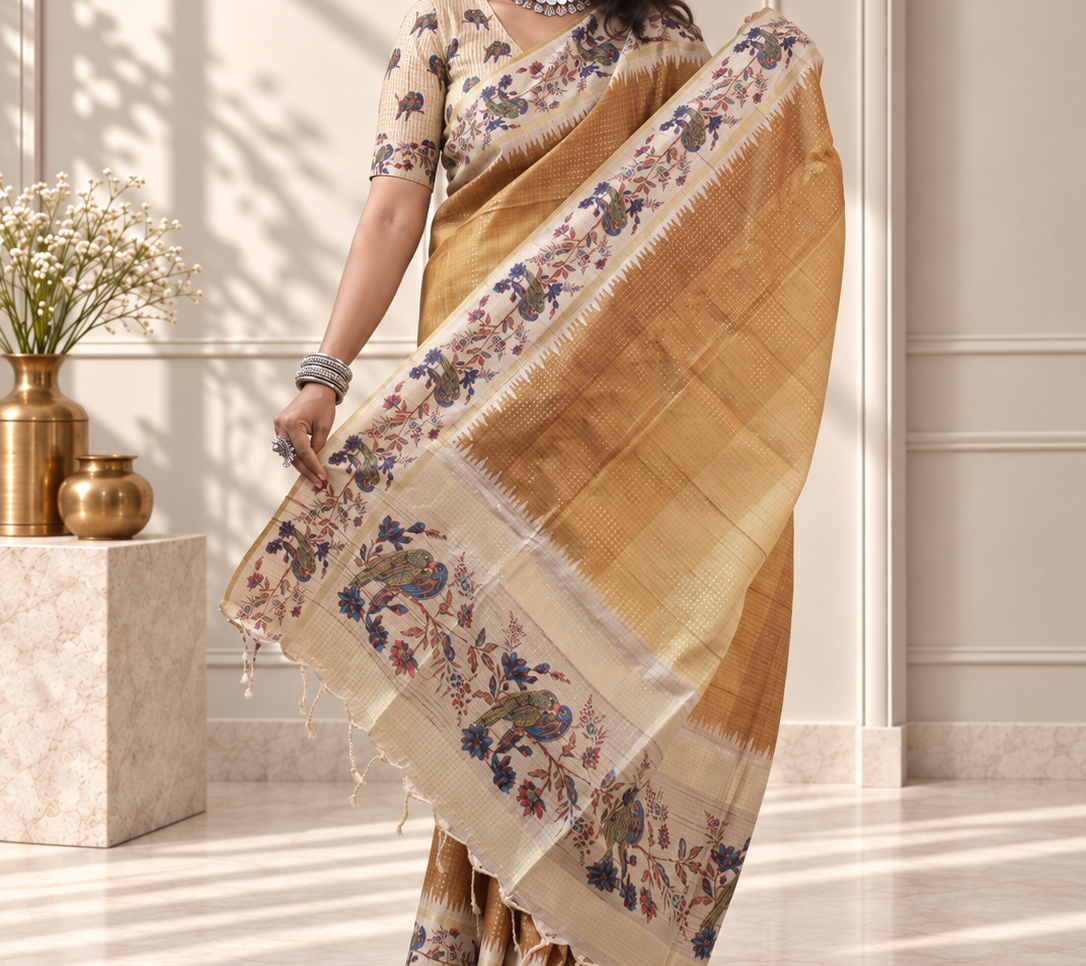 Copper Brown Tussar Silk Katha Print Saree with Parrot Pallu
