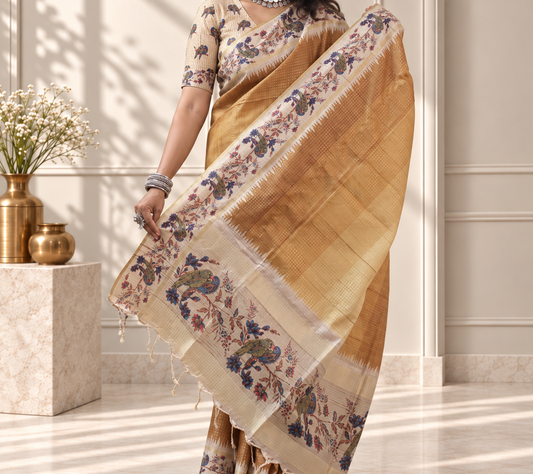 Copper Brown Tussar Silk Katha Print Saree with Parrot Pallu