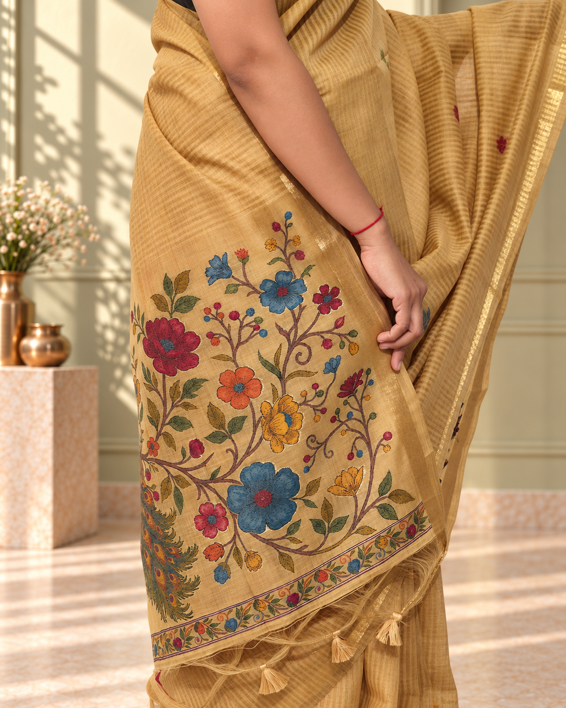 Mustard Gold Cotton Peacock Kalamkari Woven Saree with Gold Stripes