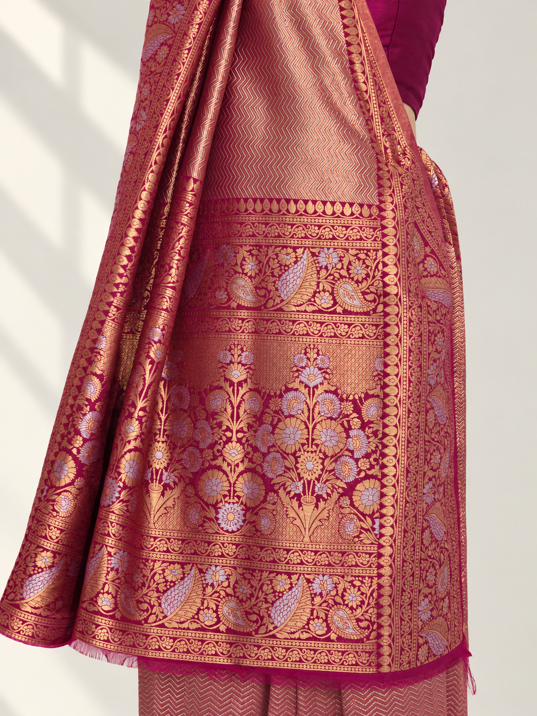 Rosewood Wine Uppada Pure Silk Saree with Floral Nakshatra Border