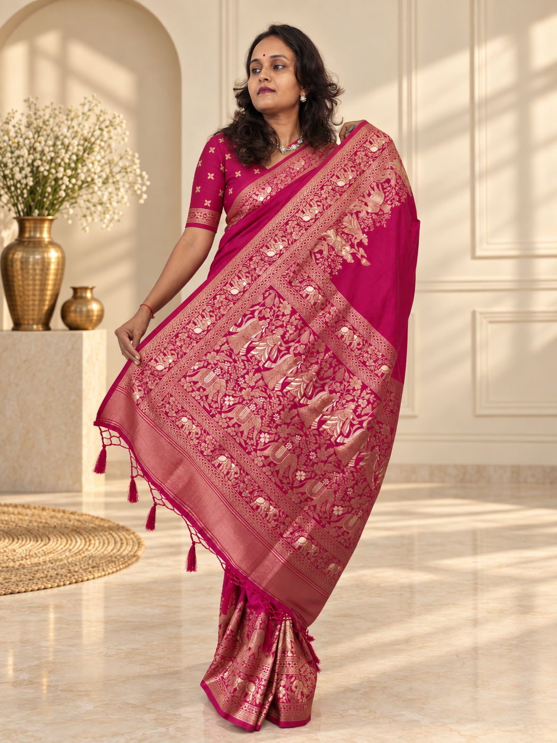 Rani Pink Woven Banarasi Silk Saree with Gold Zari Elephant & Floral Border