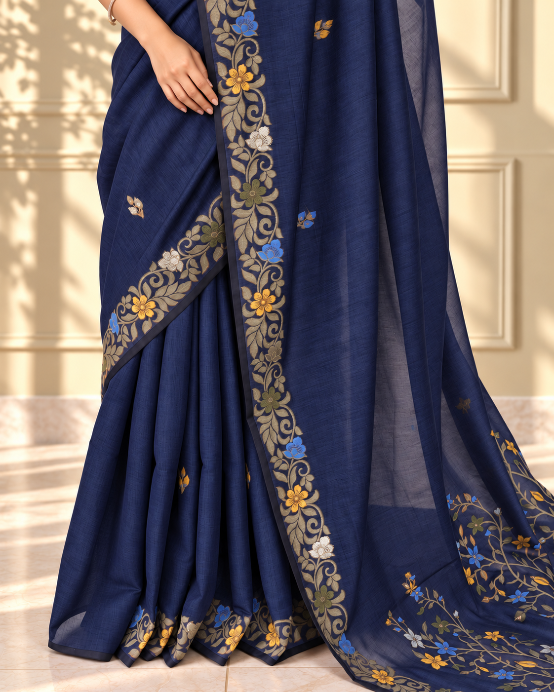 Navy Blue Cotton Handwoven Jamdani Saree with Multicolour Floral Design
