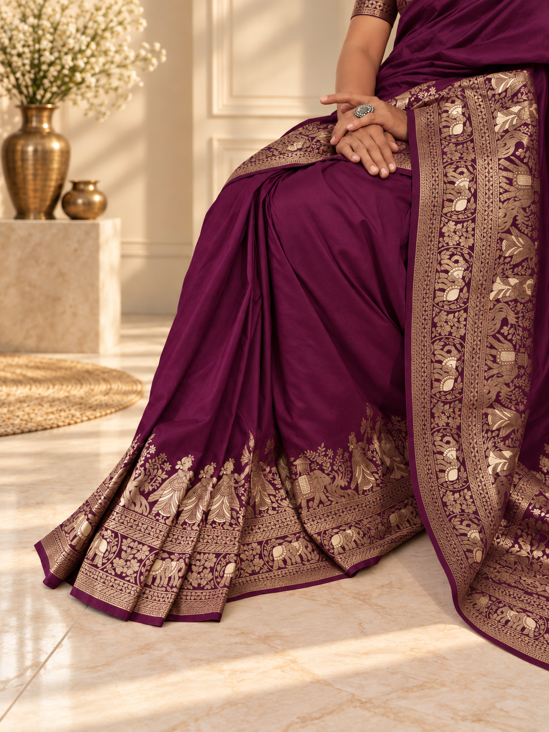 Wine Woven Banarasi Silk Saree with Gold Zari Elephant & Floral Border