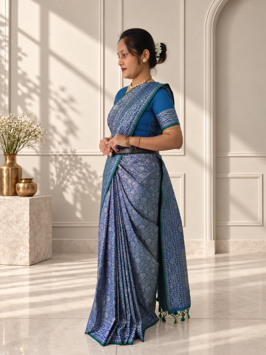 blue crepe jaal silk saree with matching floral border