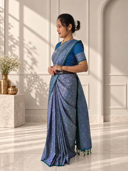 Blue Crepe Jaal Silk Saree with Matching Floral Border
