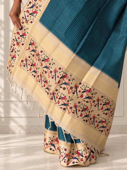 Bird & Floral Print Deep Teal Blue Tussar Silk Saree