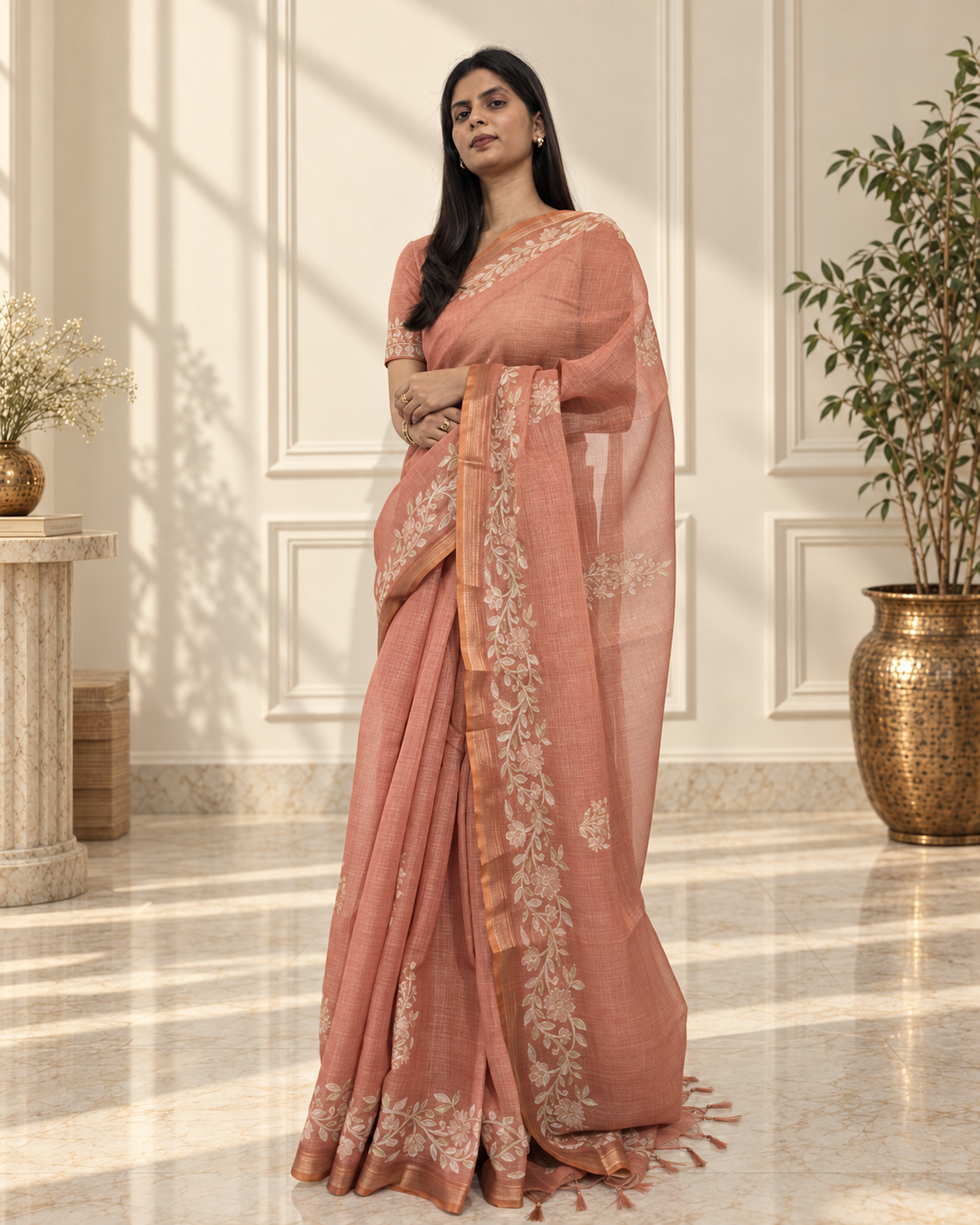 Muted Terracotta Linen Saree with Handcrafted Aari Floral Embroidery