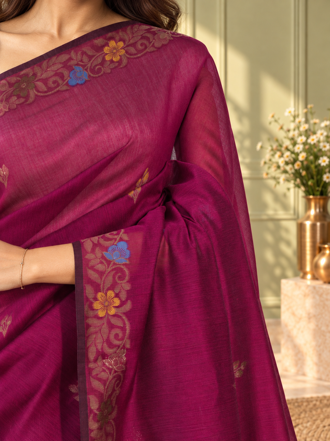 purple cotton handwoven jamdani saree with multicolour floral design