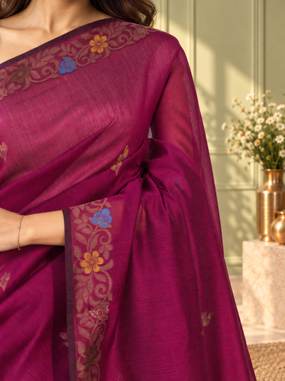 Purple Cotton Handwoven Jamdani Saree with Multicolour Floral Design