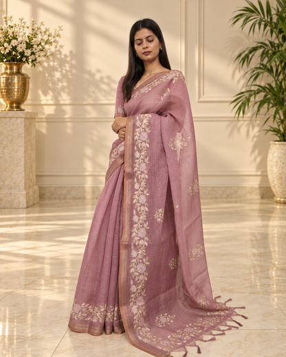 Dusty Mauve Linen Saree with Handcrafted Aari Floral Embroidery