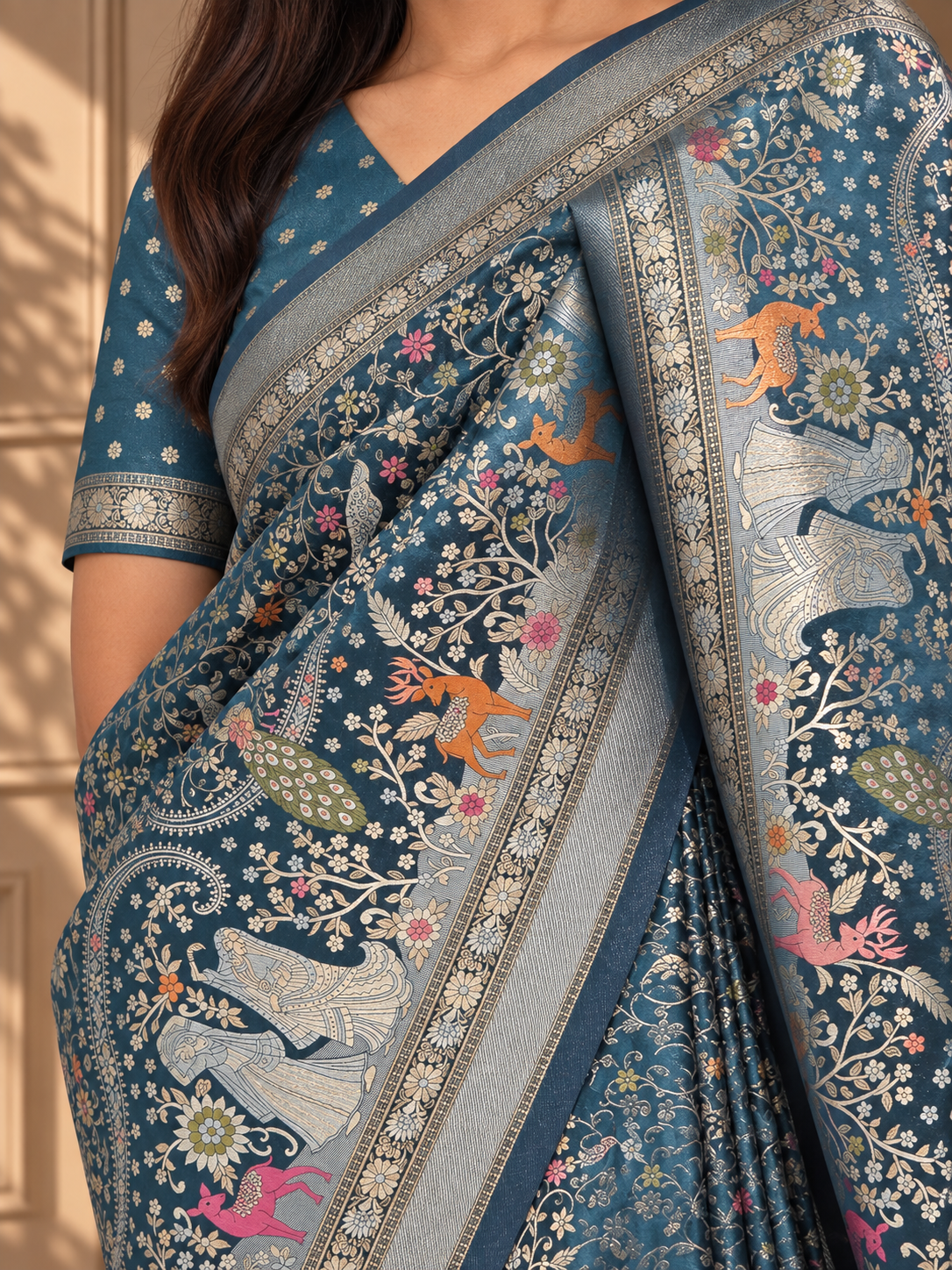 Teal Blue Pure Mashru Silk Handwoven Banarasi Saree with Rich Zari Border