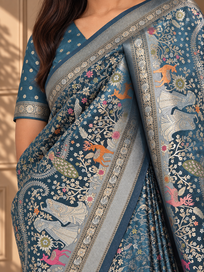Teal Blue Pure Mashru Silk Handwoven Banarasi Saree with Rich Zari Border