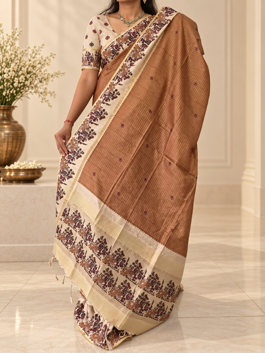 Heritage Folk Art Tussar Silk Saree – Camel Beige
