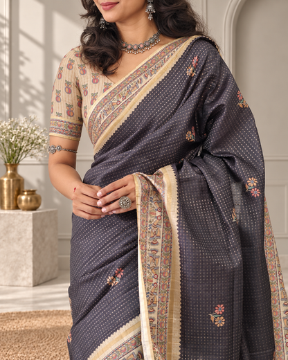 Madhubani Folk Art Charcoal Grey Tussar Silk Saree