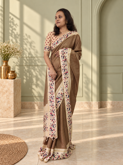 Bird & Floral Print Taupe Brown Tussar Silk Saree