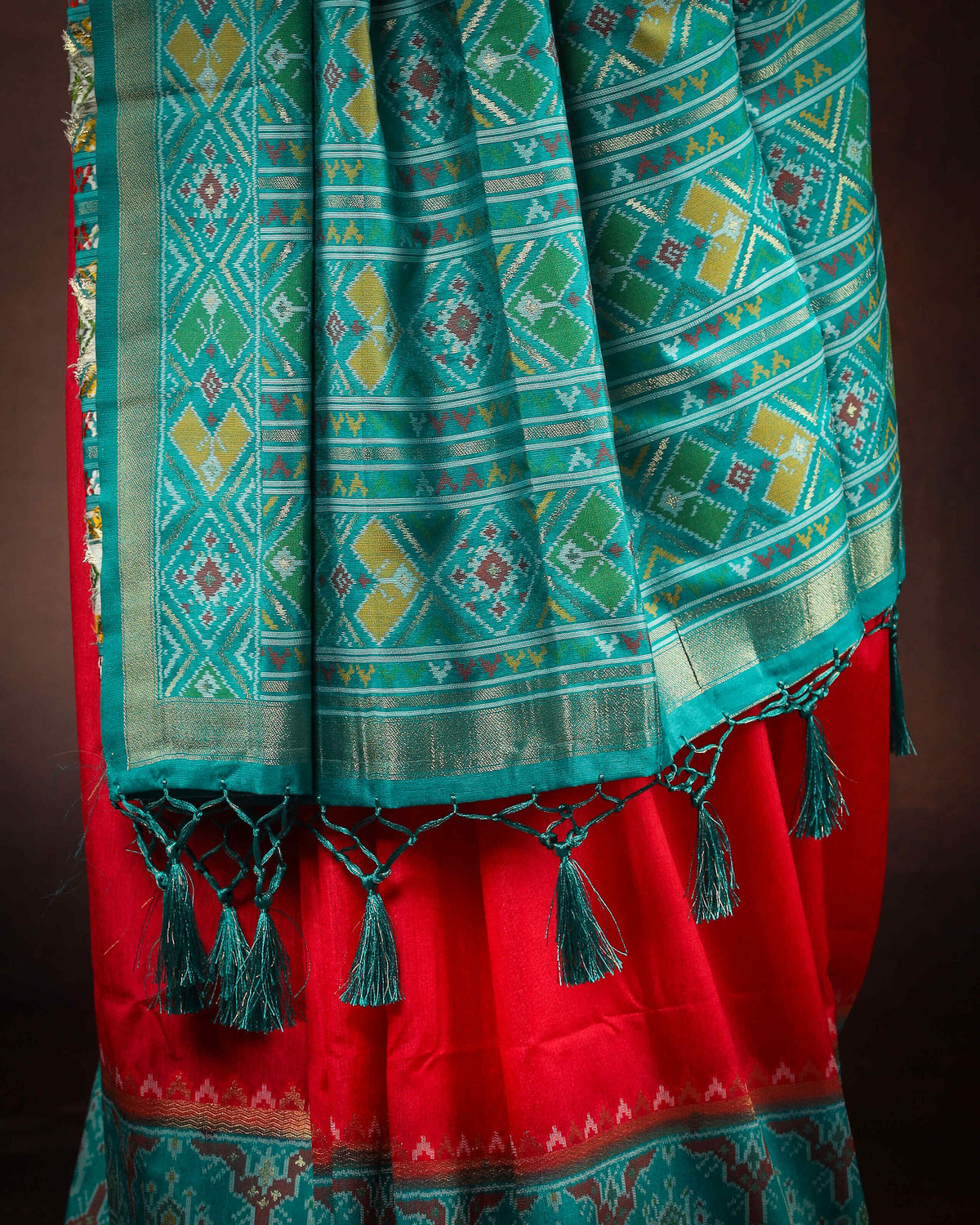 teal blue & rich red patola silk saree with elephant motif