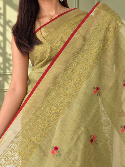 Dark Mustard Linen Saree with Hand Embroidered Kantha Work