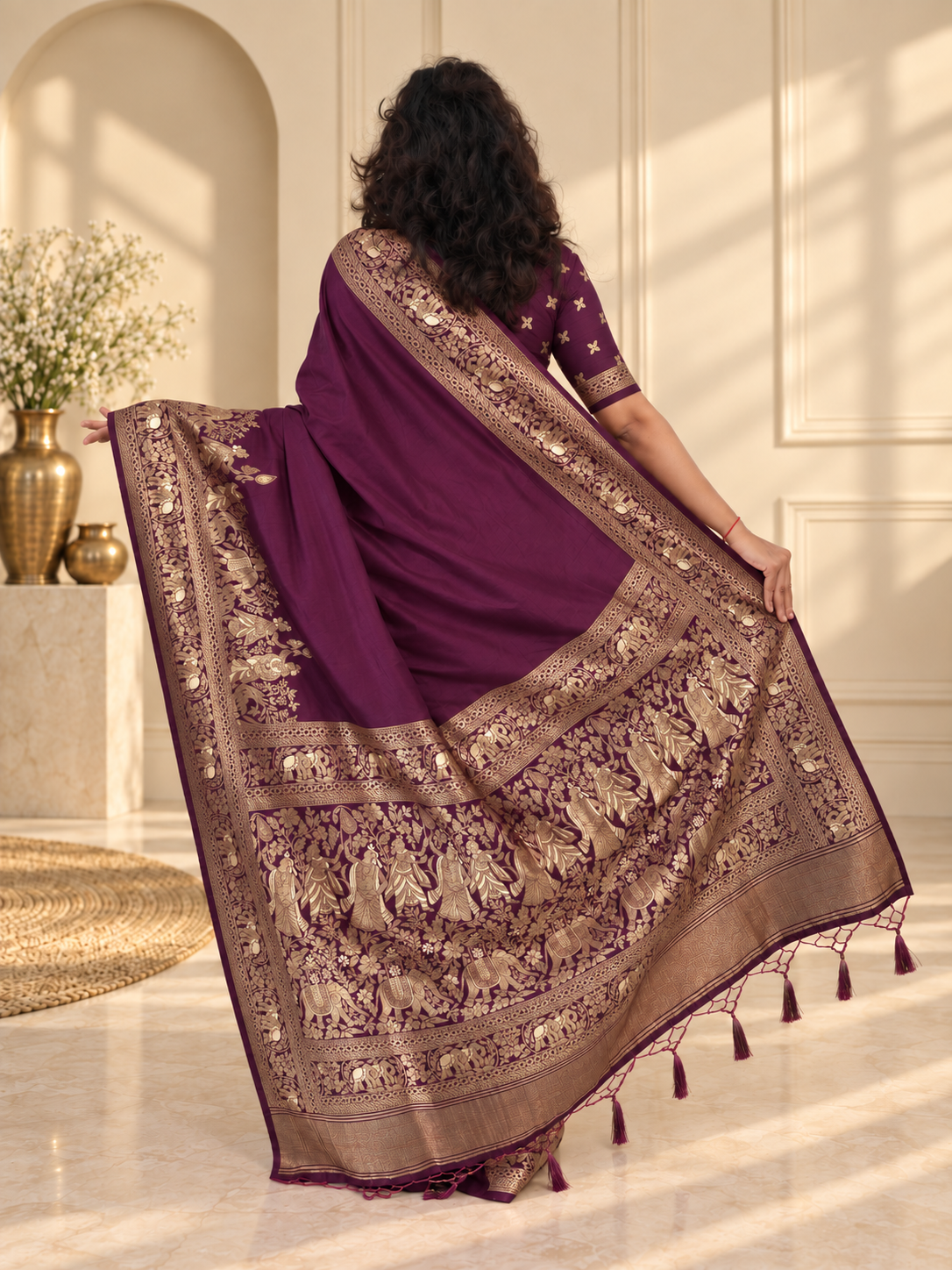 Wine Woven Banarasi Silk Saree with Gold Zari Elephant & Floral Border