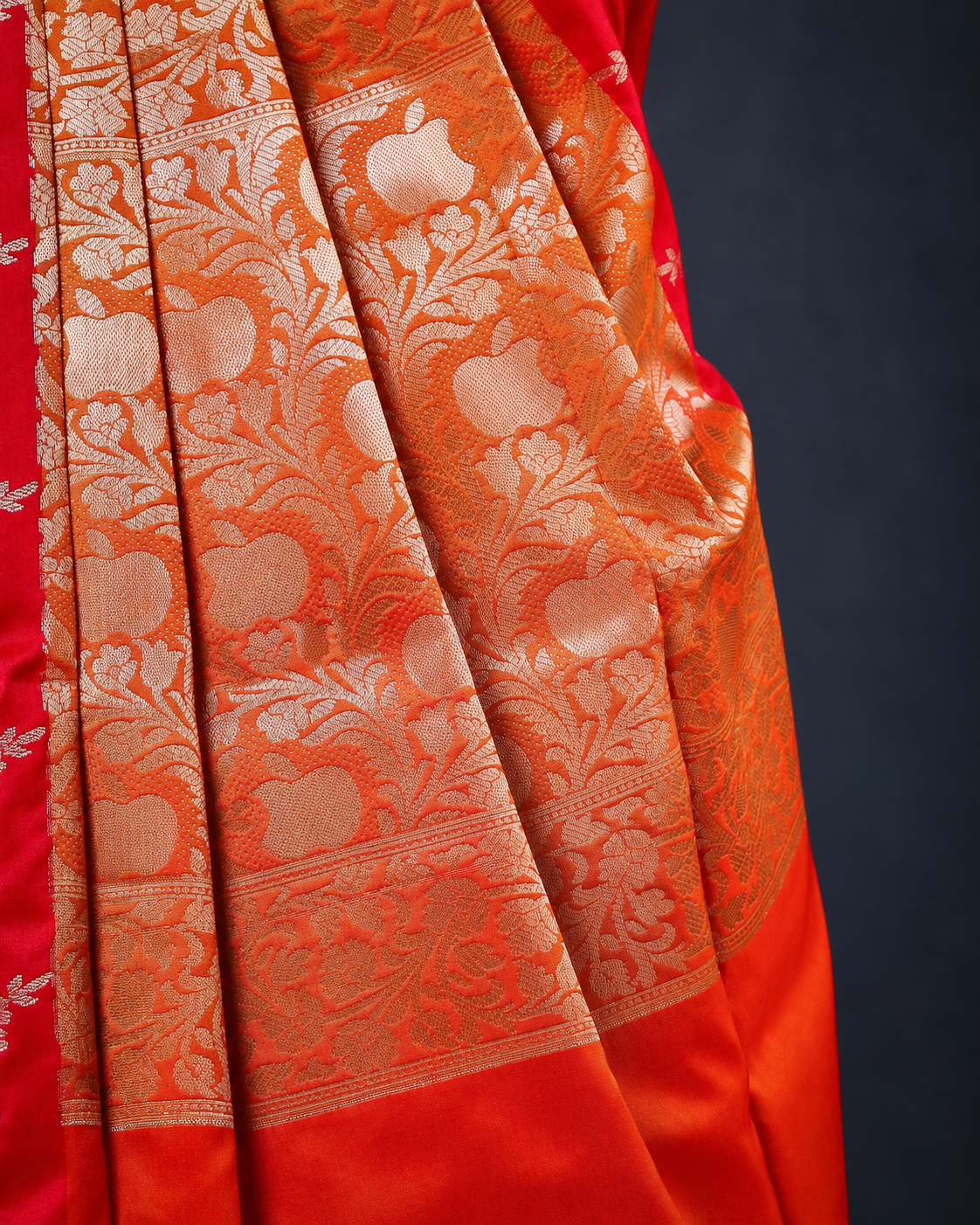 red orange open border meenakari floral butta saree