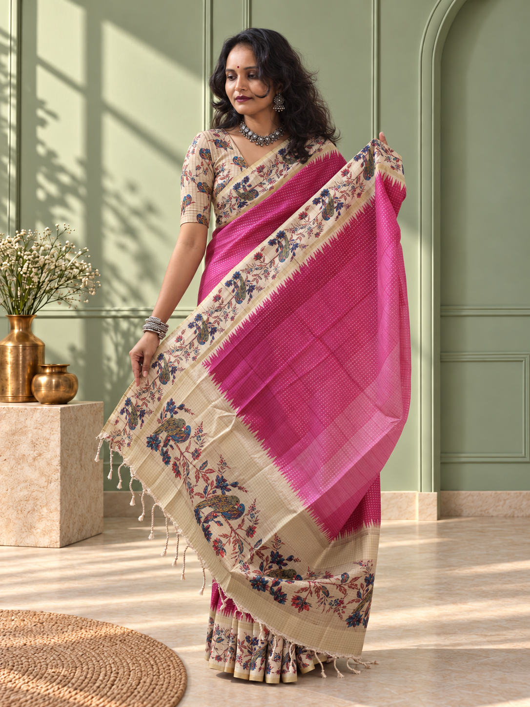 pink tussar silk katha print saree with parrot pallu