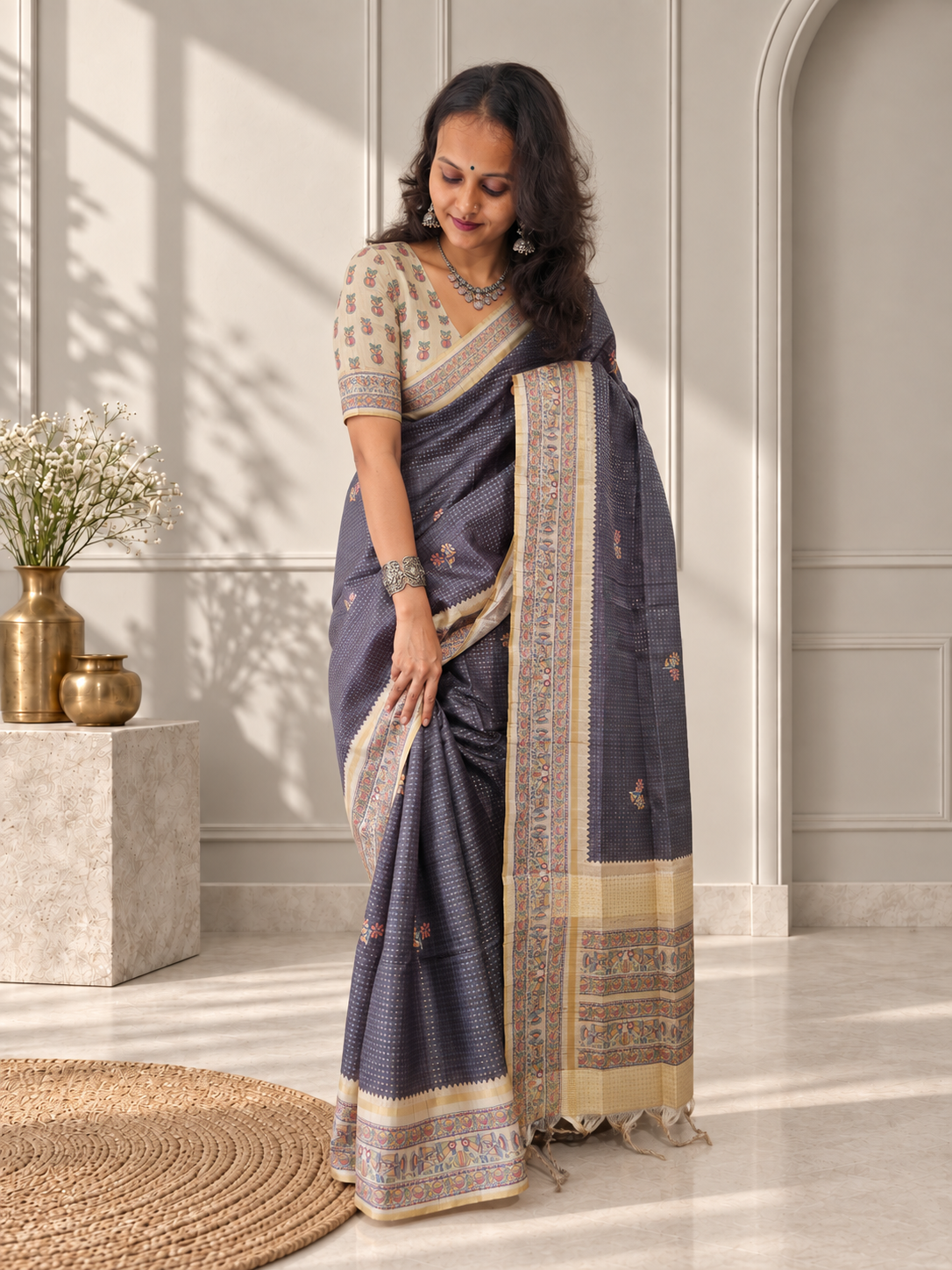 madhubani folk art charcoal grey tussar silk saree