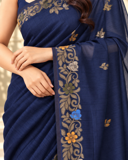 Navy Blue Cotton Handwoven Jamdani Saree with Multicolour Floral Design