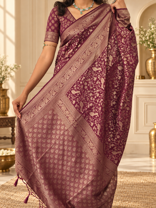 Wine Banarasi Silk Saree with Heavy Floral Weaving & Rich Woven Border