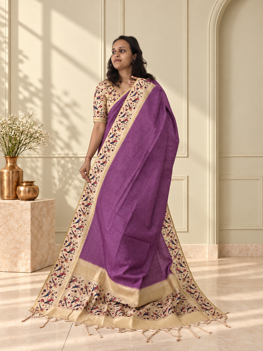 Bird & Floral Print Muted Plum Purple Tussar Silk Saree